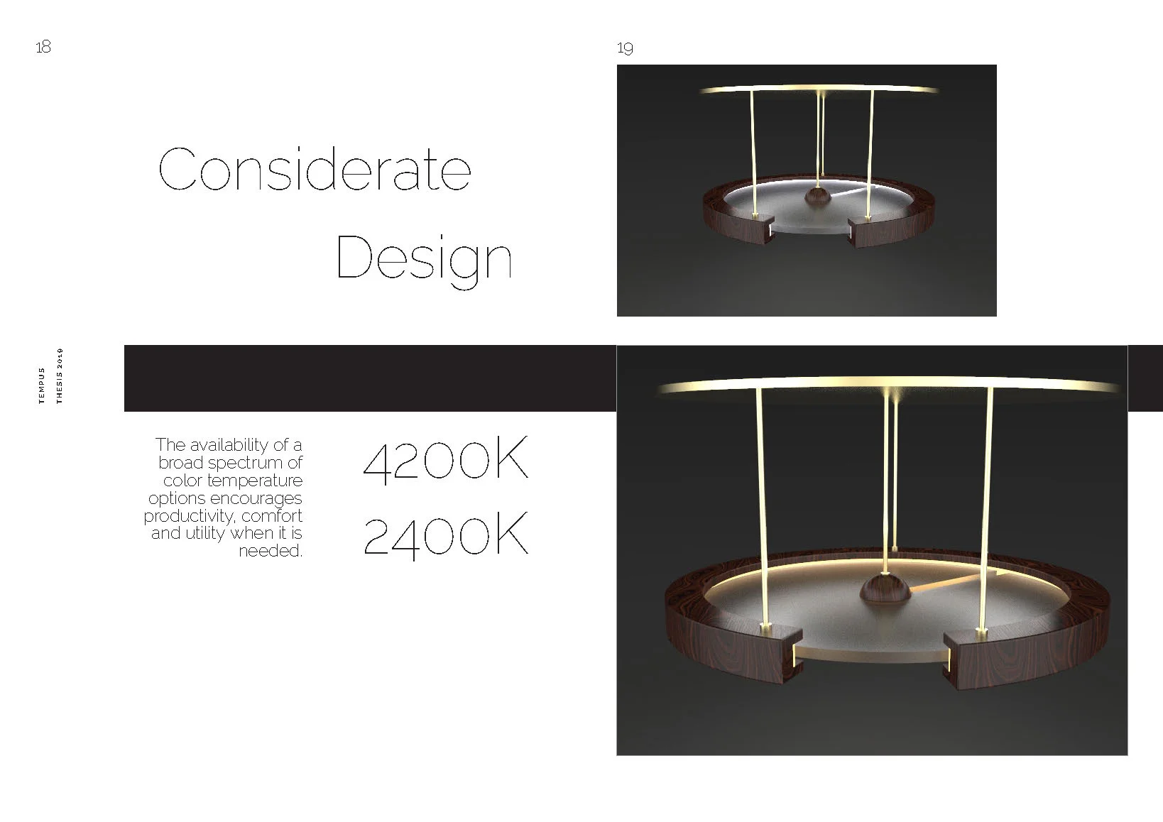 Presentation of a circular lighting fixture with modern design and color temperature options.