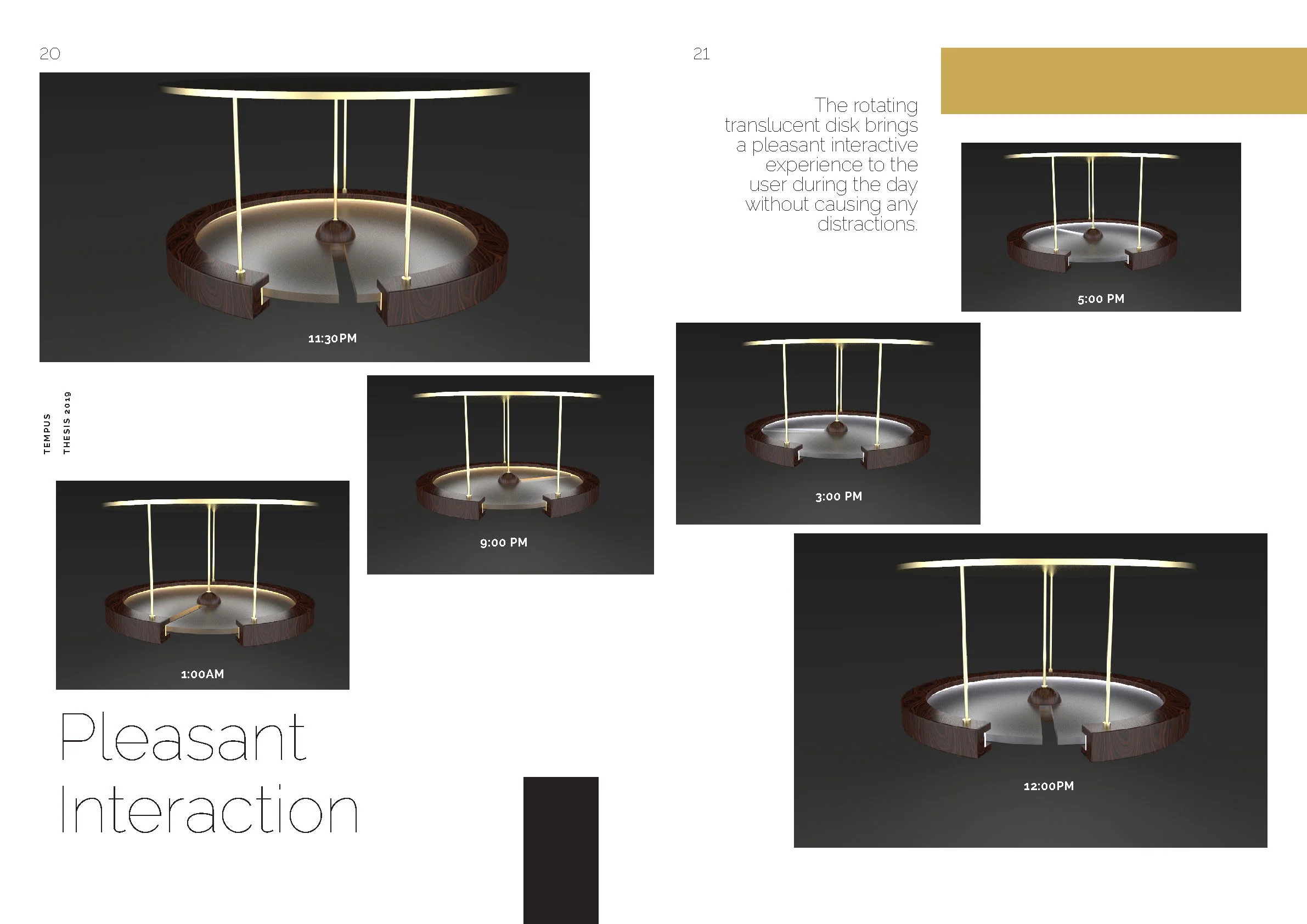 A modern design concept of a circular tabletop with a translucent disk and wooden rim, shown at various times.