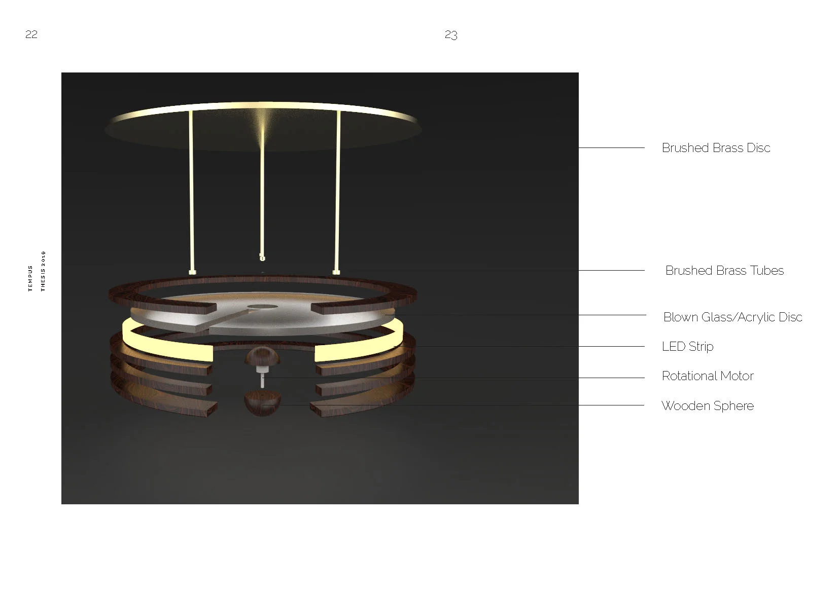 3D rendering of a layered light fixture with brass and wooden components.