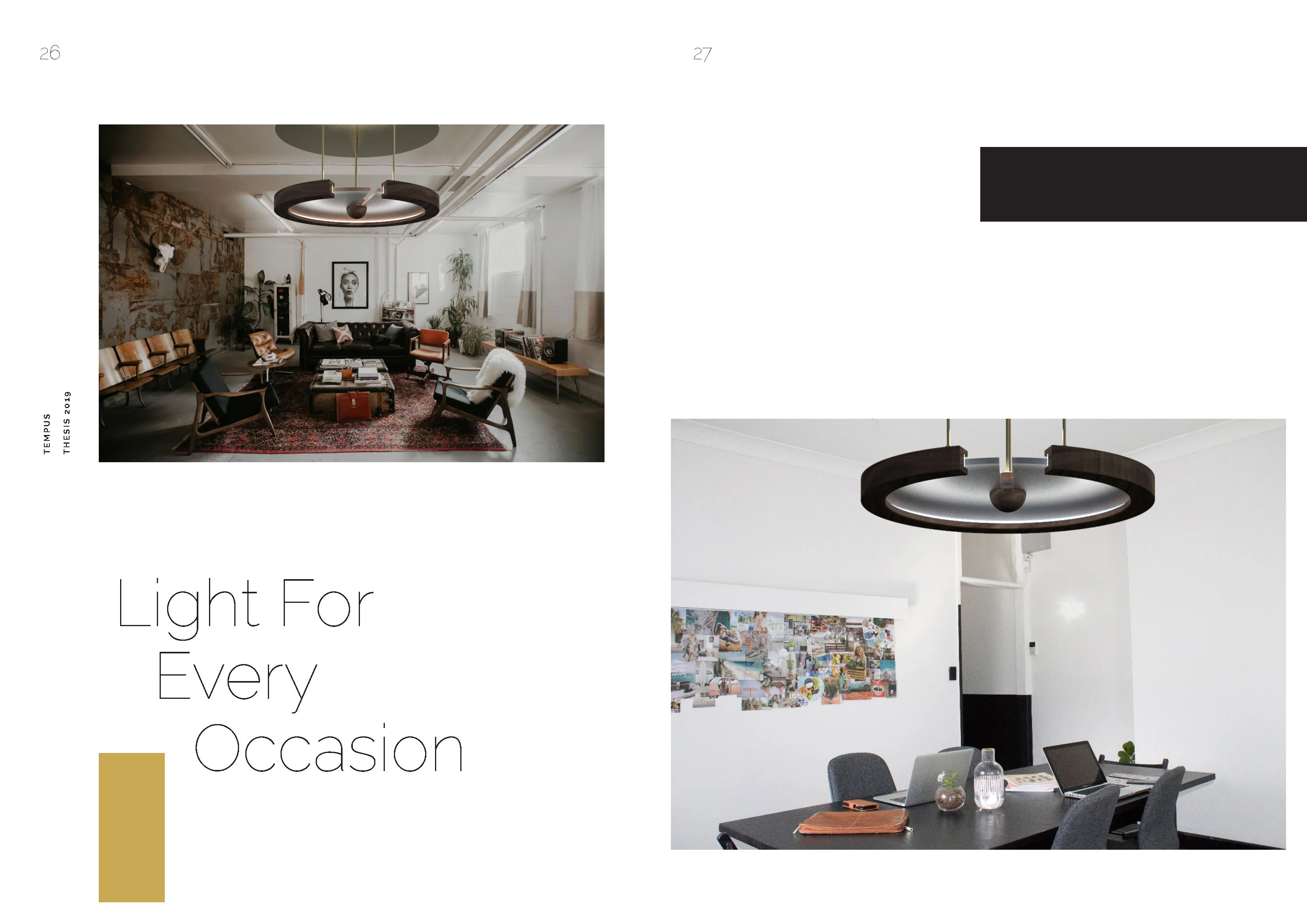 Modern interiors with circular ceiling lights in a living room and office setting.