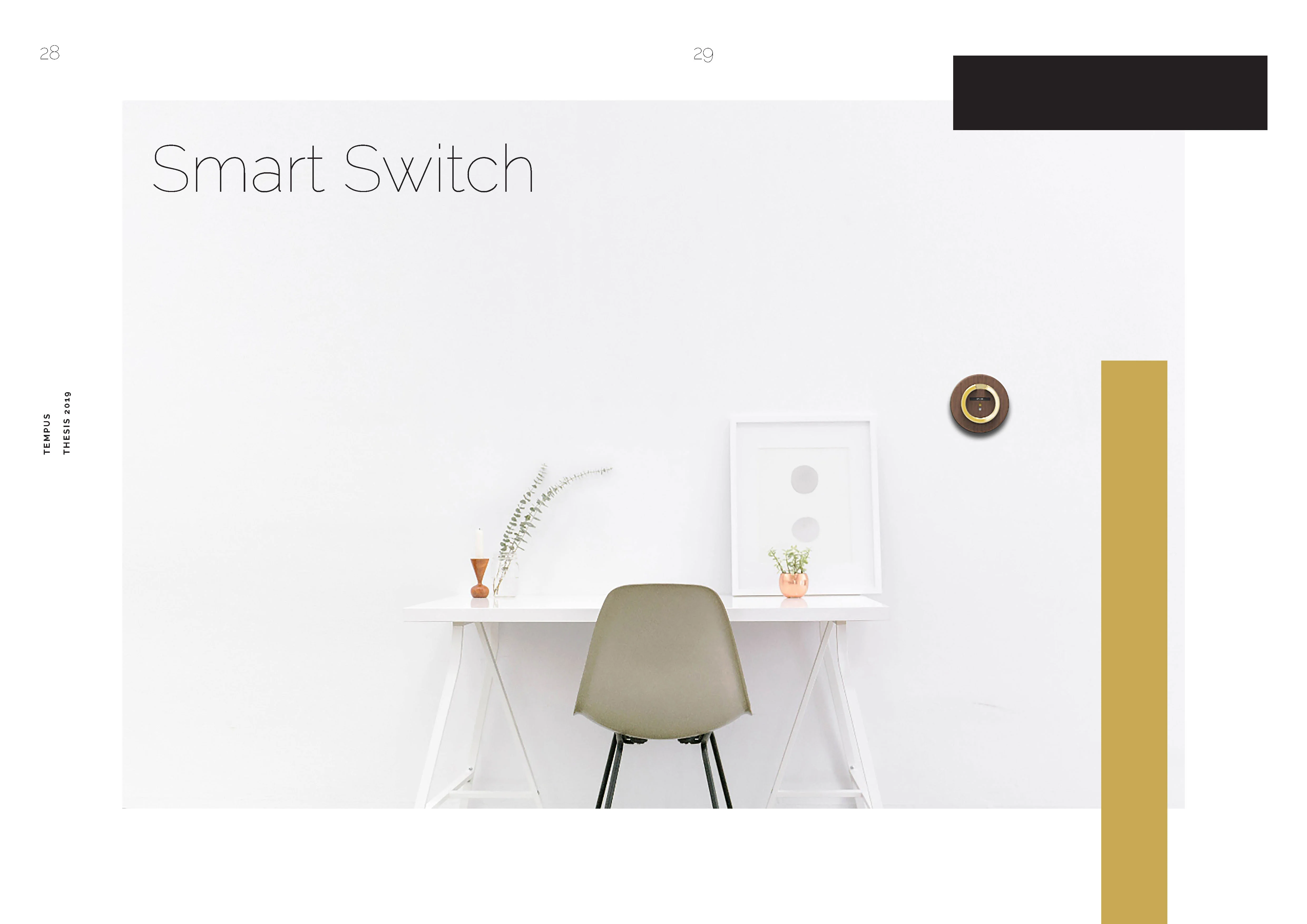 Minimalist interior scene with a white desk, olive-green chair, and a smart switch on the wall.