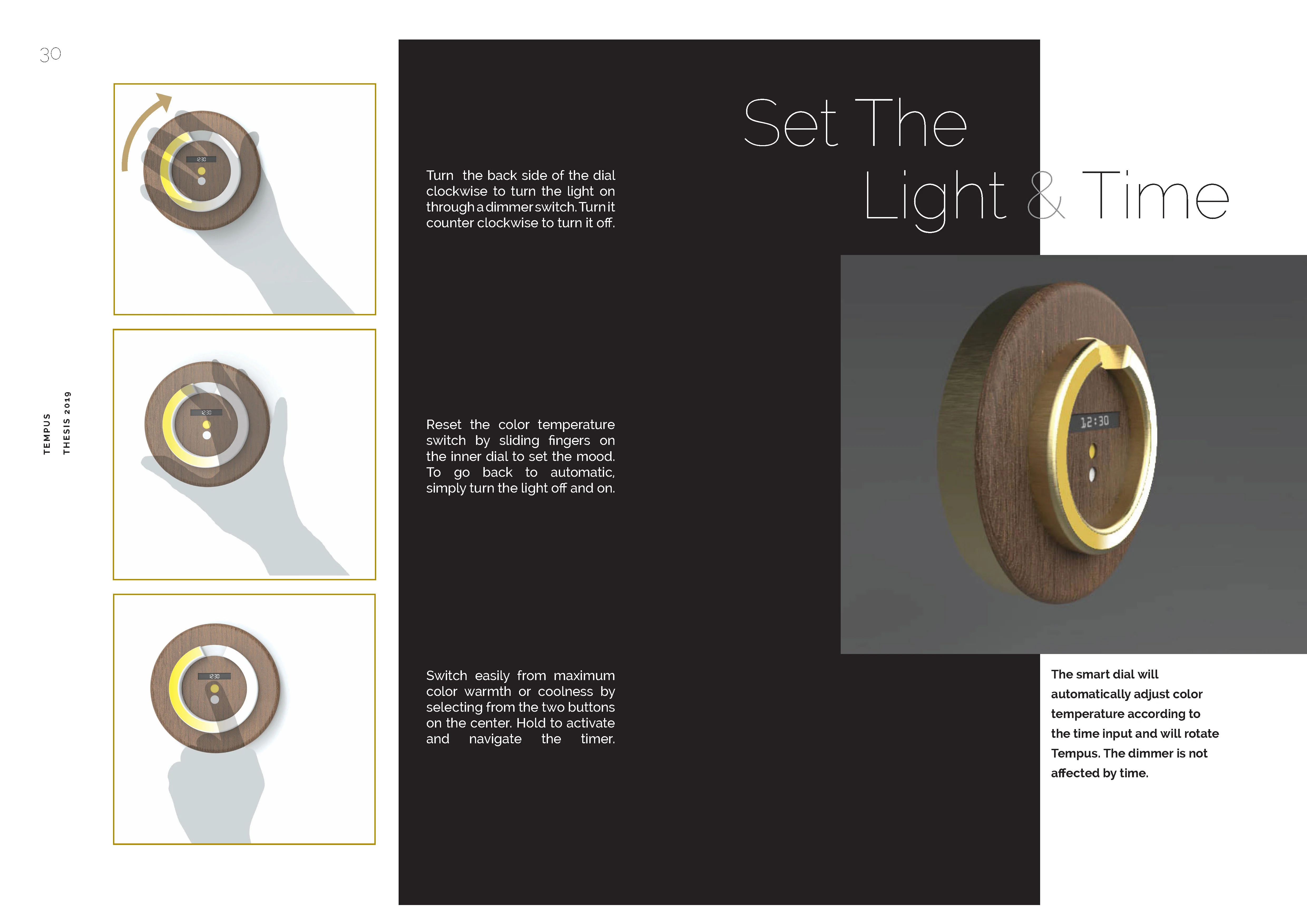 A series of images and text describing the features and usage of a wooden smart dial for setting light and temperature.