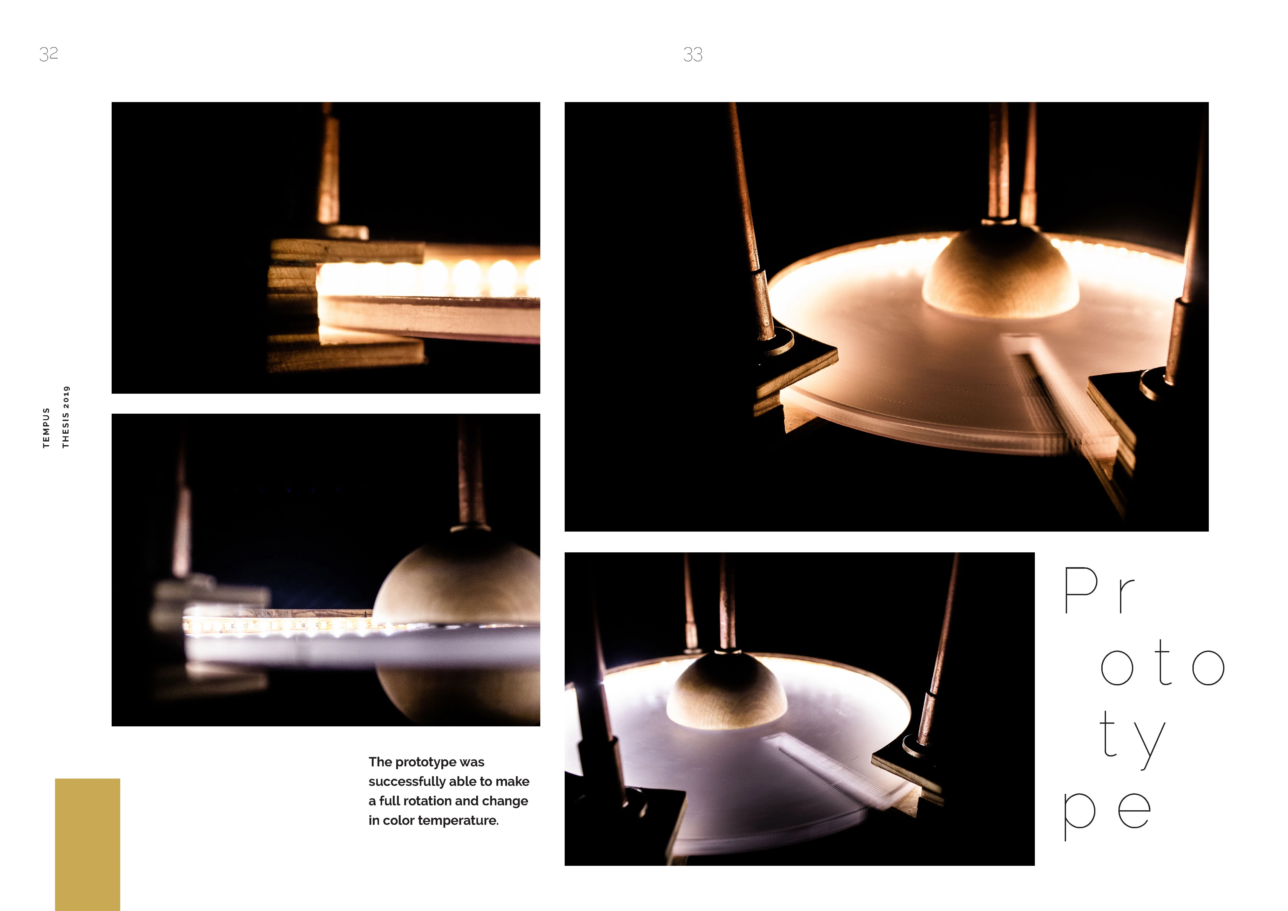 Four photographs of a mechanical prototype with LED lighting, featuring wooden supports, a circular platform, and a central dome structure.