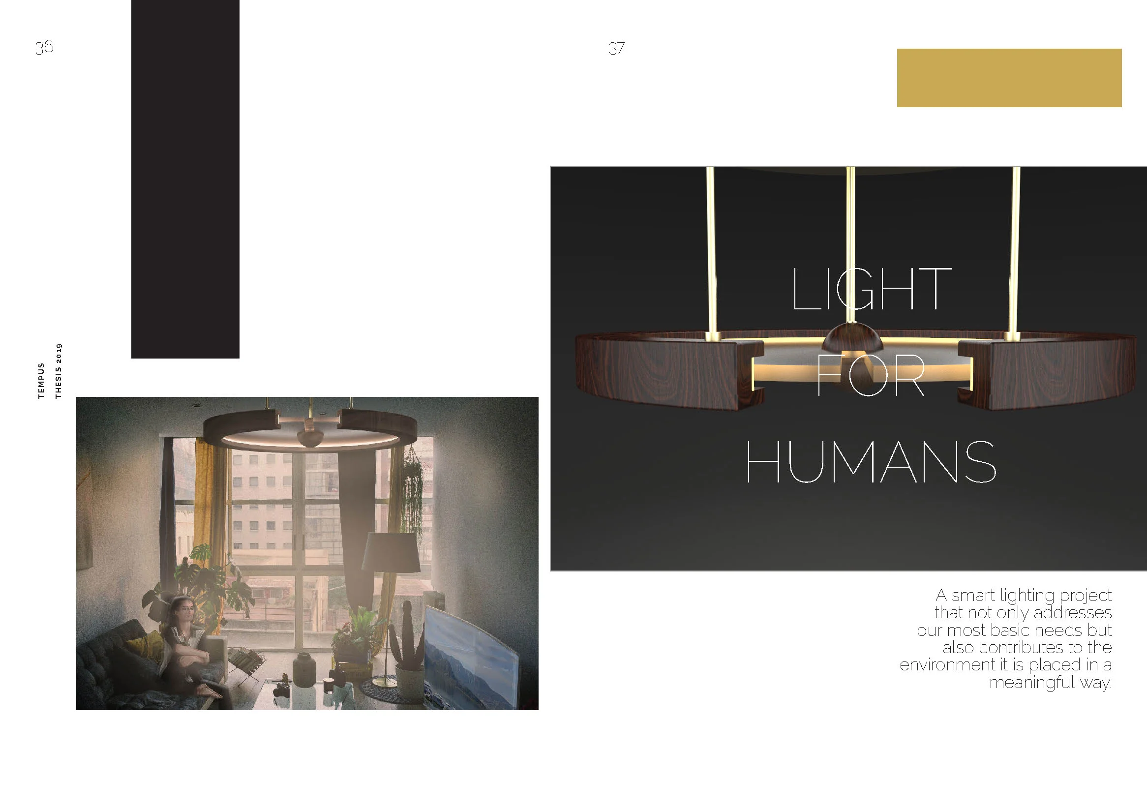 Magazine spread with a living room on the left and modern light fixture and text on the right.