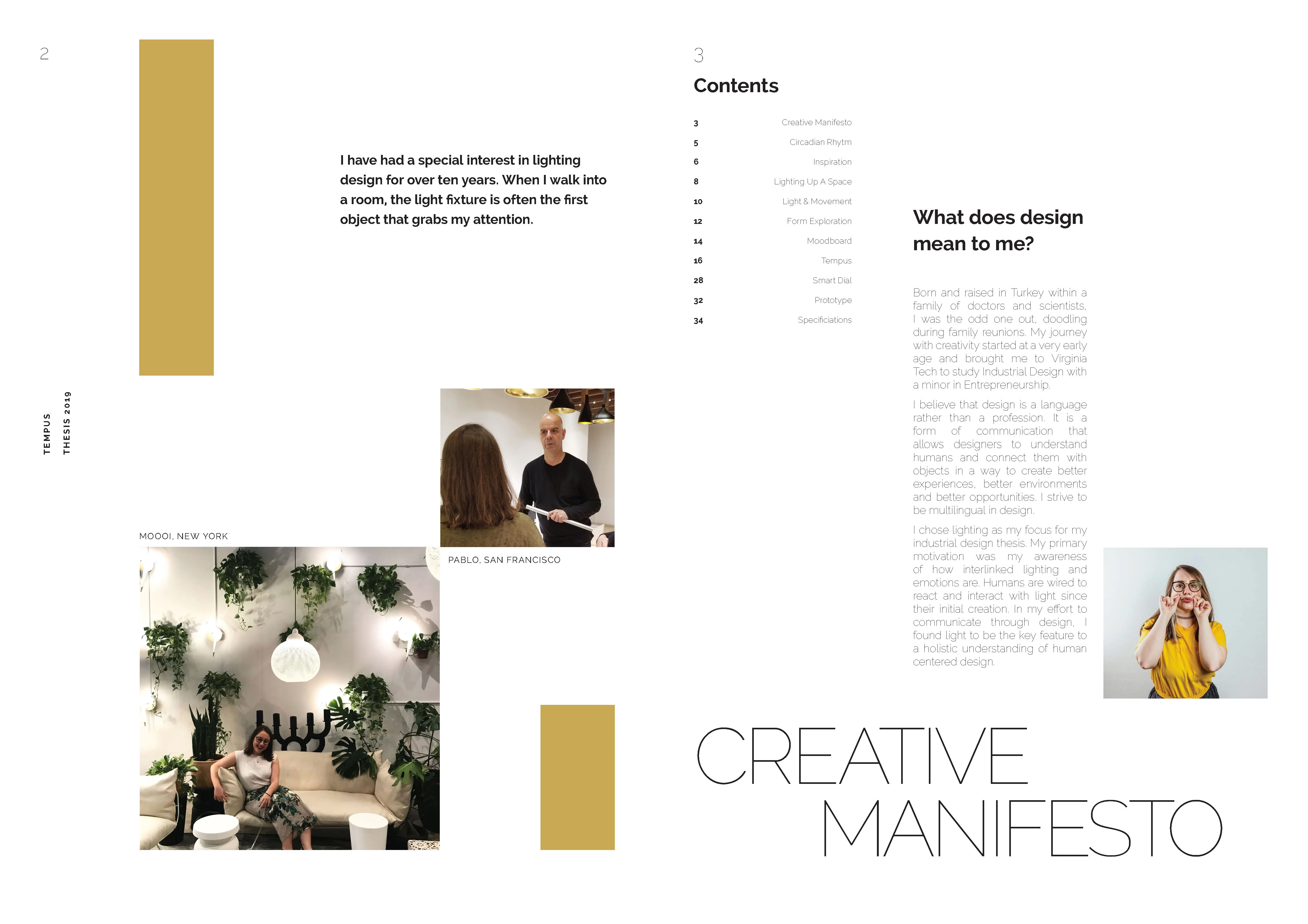 A two-page minimalist spread featuring a lighting design quote, two photographs, a list of contents, a design essay, and the title CREATIVE MANIFESTO.