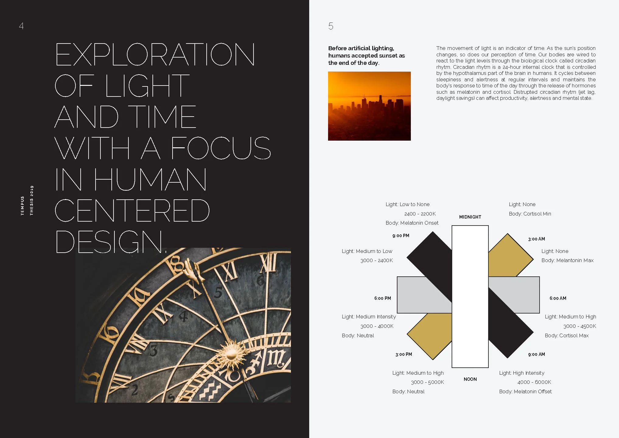 A design spread exploring light and time, featuring large text, an ornate clock, a city sunset photo, and a light-level diagram.