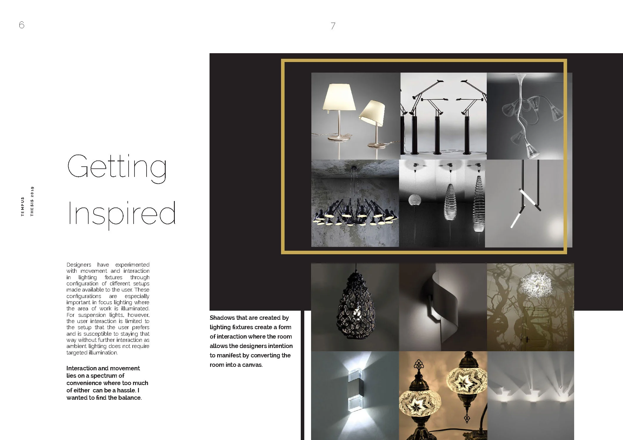 Magazine spread featuring an article on lighting design exploration, with a collage of diverse and abstract lighting fixtures.