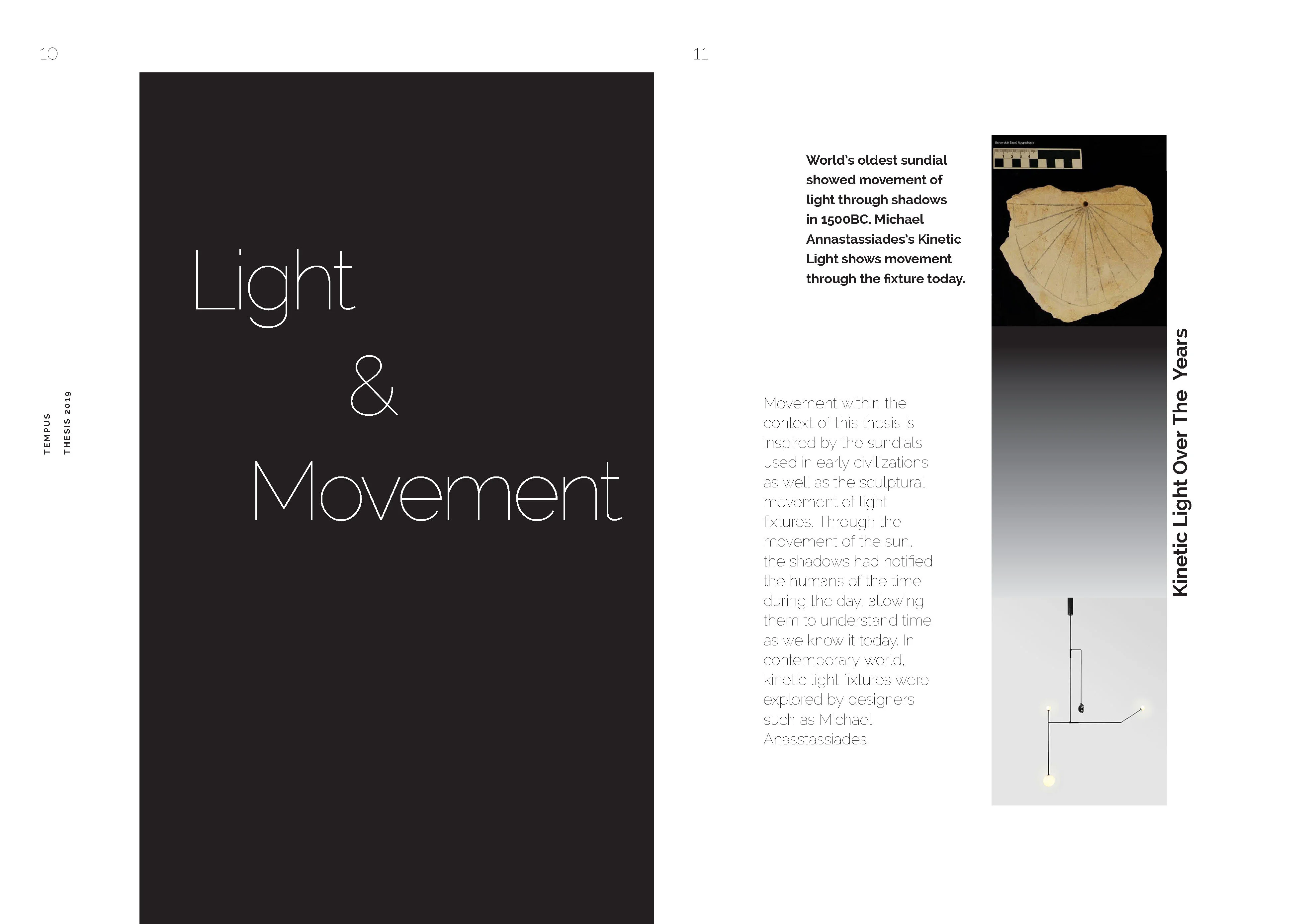 The spread features the words Light & Movement and images and text discussing the evolution of light from sundials to modern kinetic fixtures, including a diagram of a light fixture.