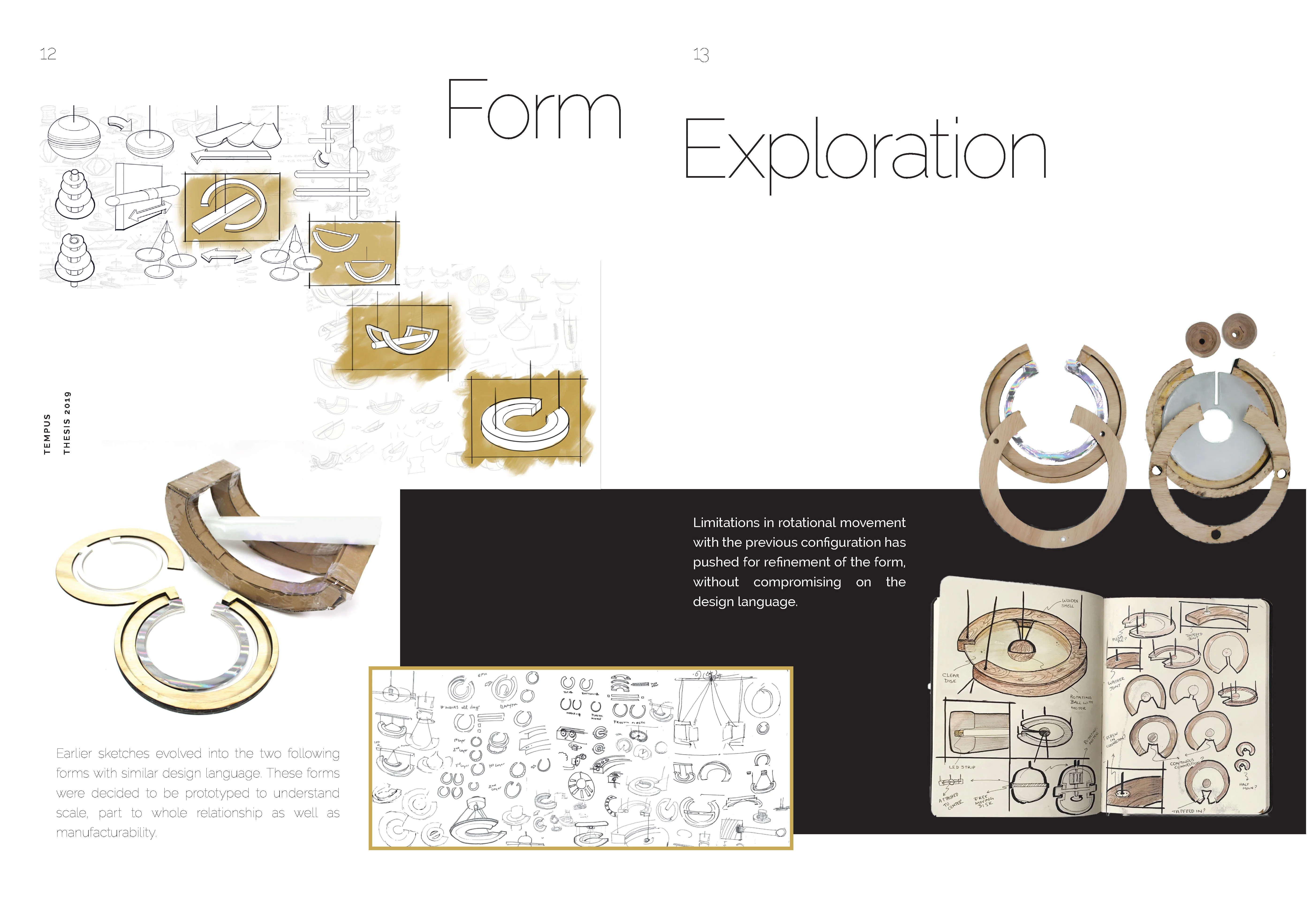 Design exploration of circular forms with sketches, models, and a sketchbook.