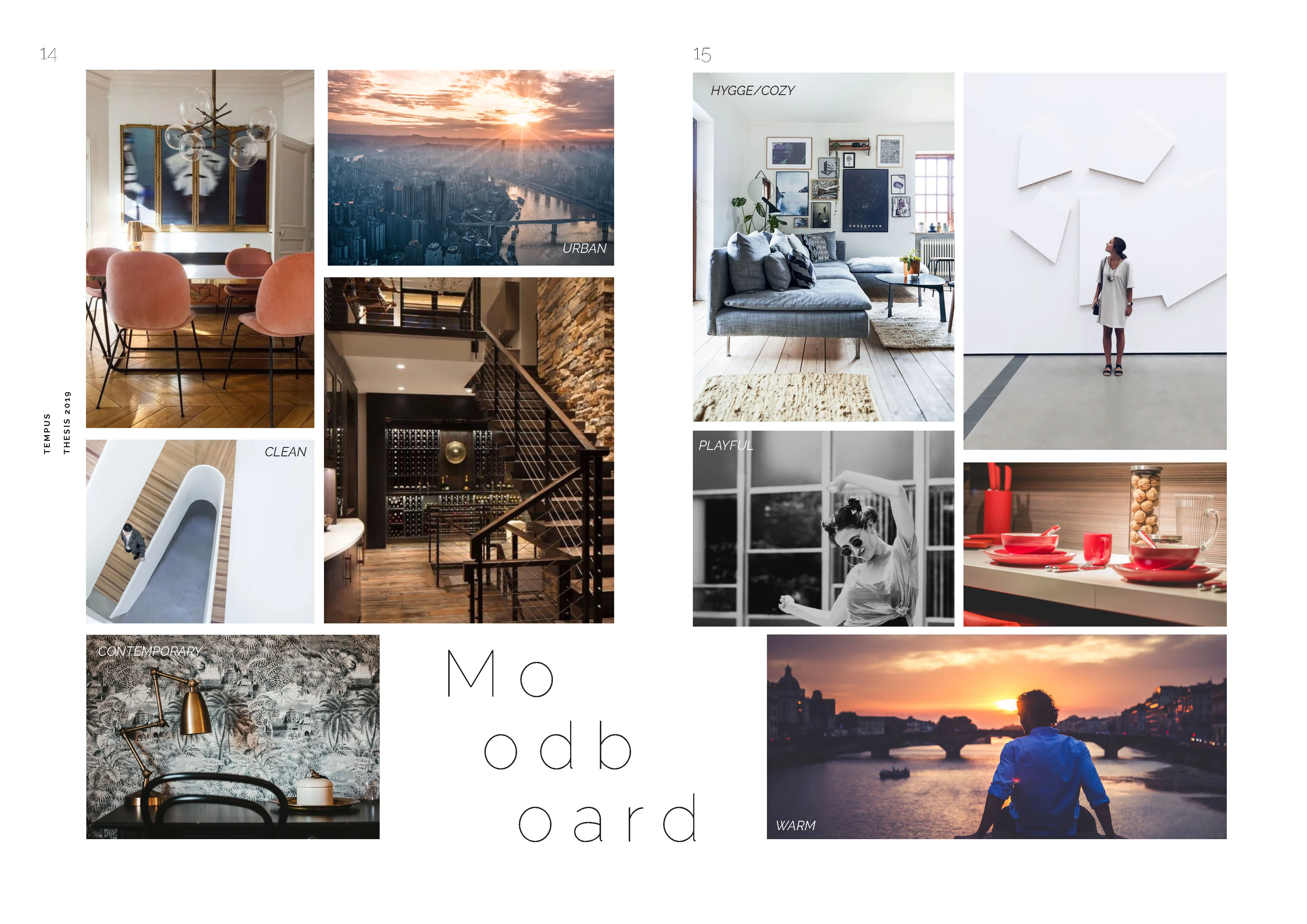 A mood board collage showcasing urban scenes, interior designs, and lifestyle themes with labels like CLEAN, HYGGE/COZY, PLAYFUL, and WARM.