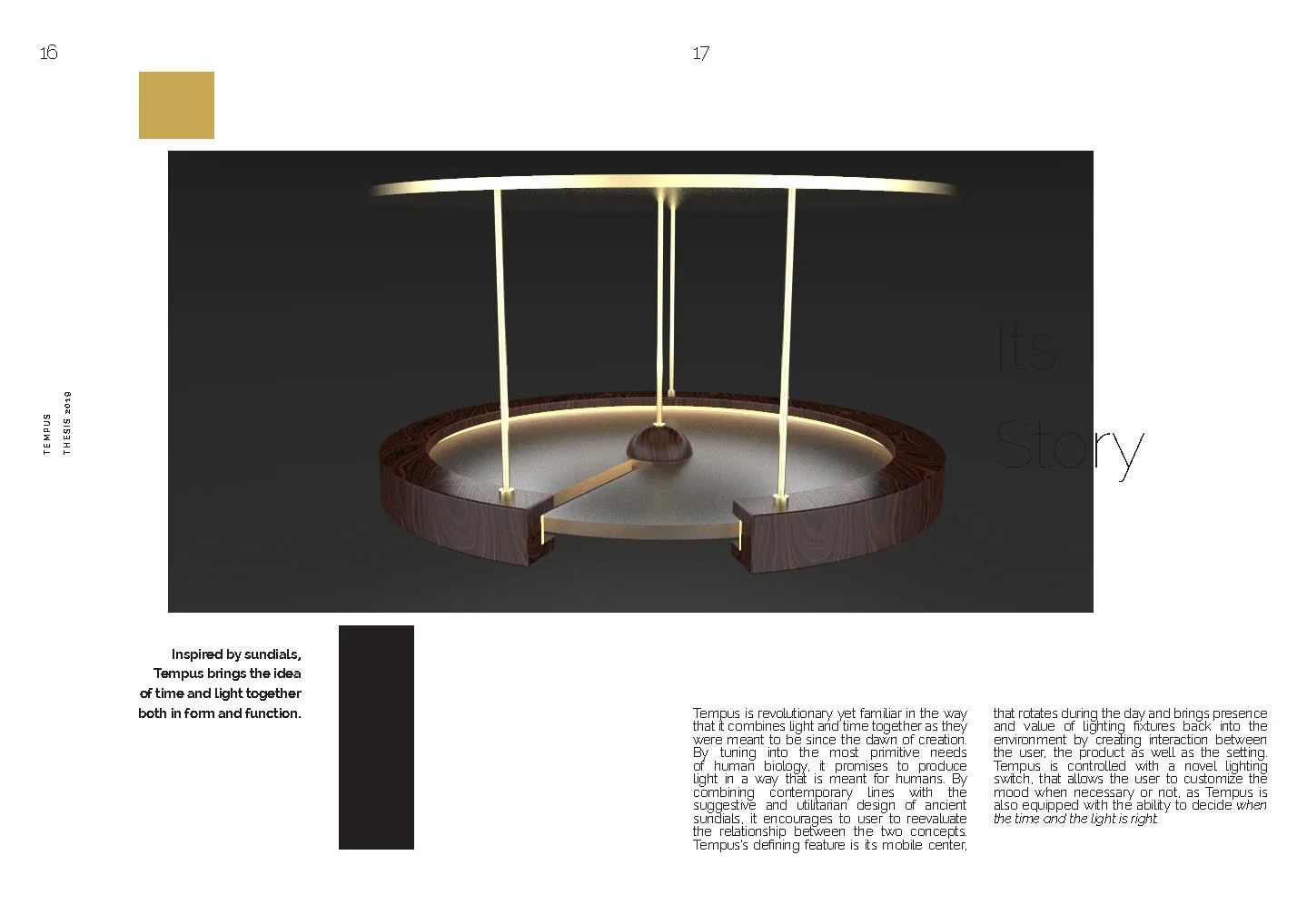 Modern lighting design resembling a sundial with a circular wooden base and a metallic disc above.