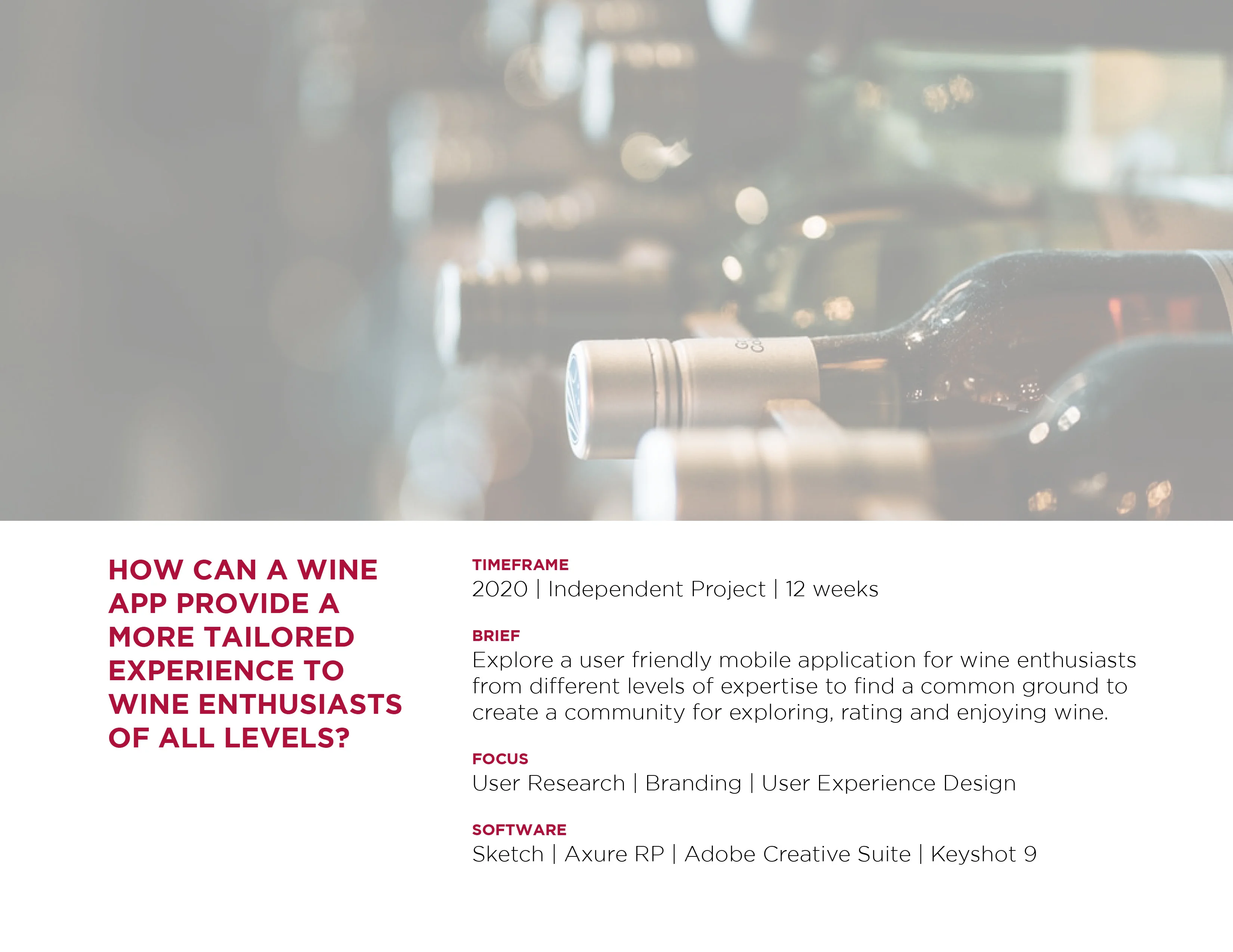 Promotional image for a wine app project with text and a blurred photo of wine bottles.