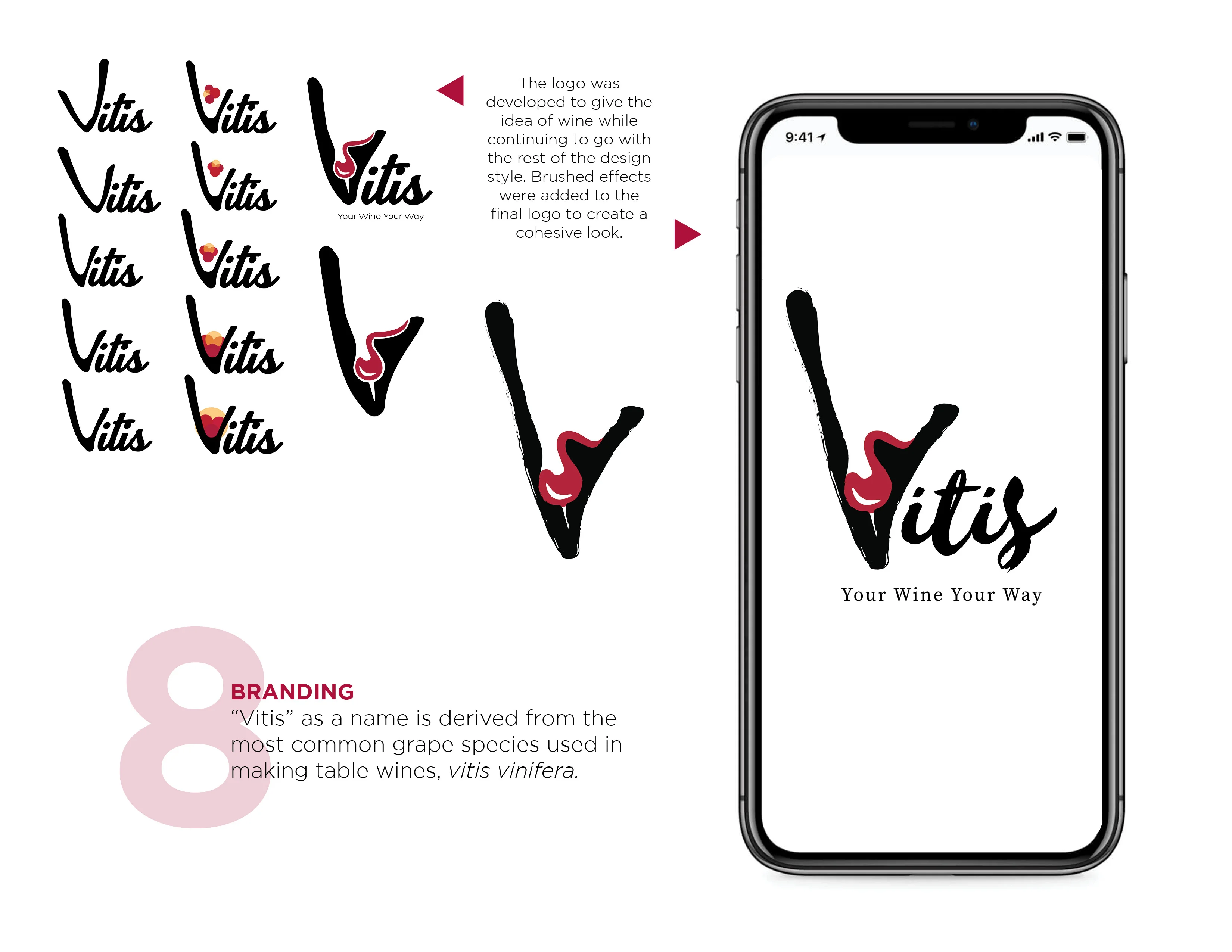 Logo and branding design for Vitis, featuring a stylized wine droplet within the V and the tagline Your Wine Your Way on a smartphone display.