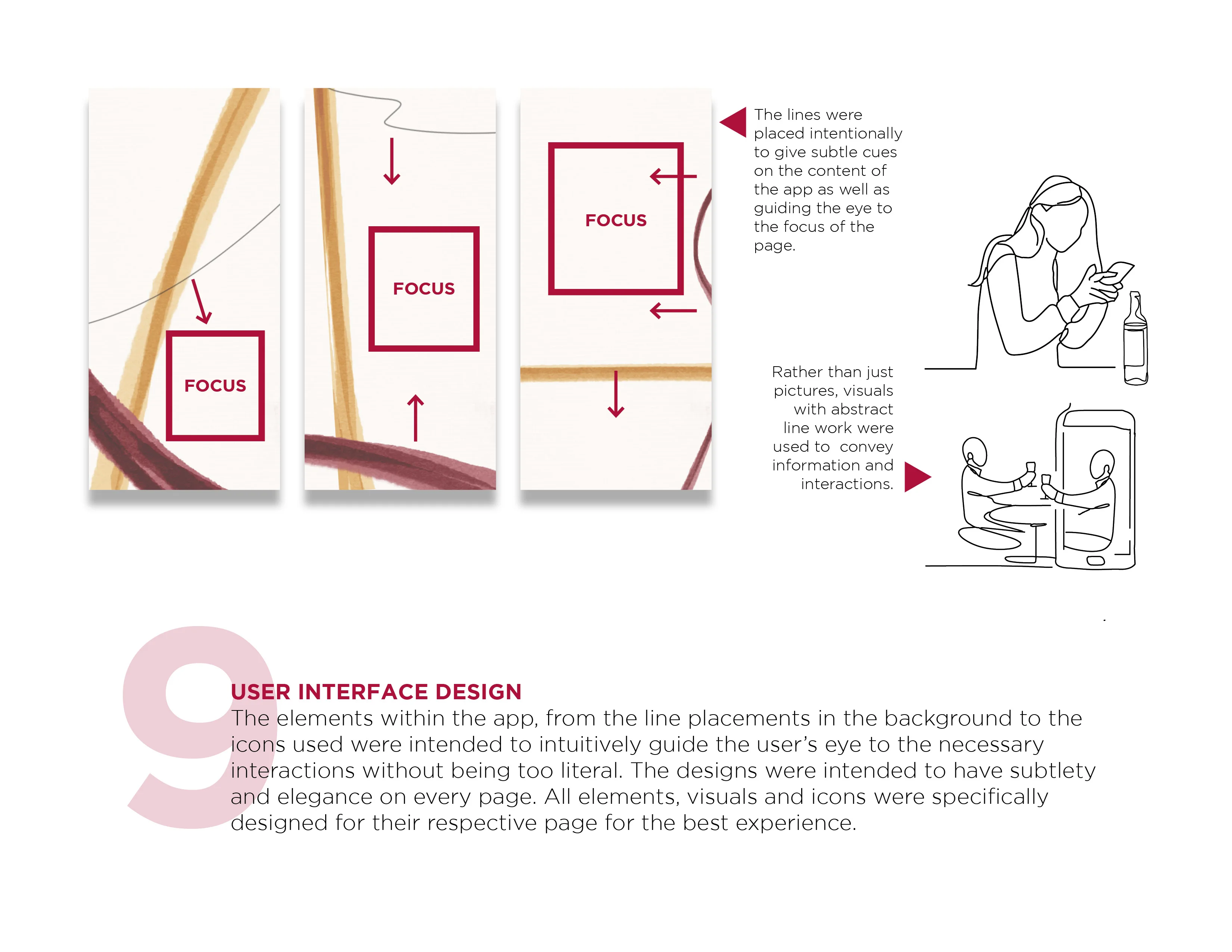 User interface design concept with abstract lines, focus indicators, and line drawings for visual interaction.