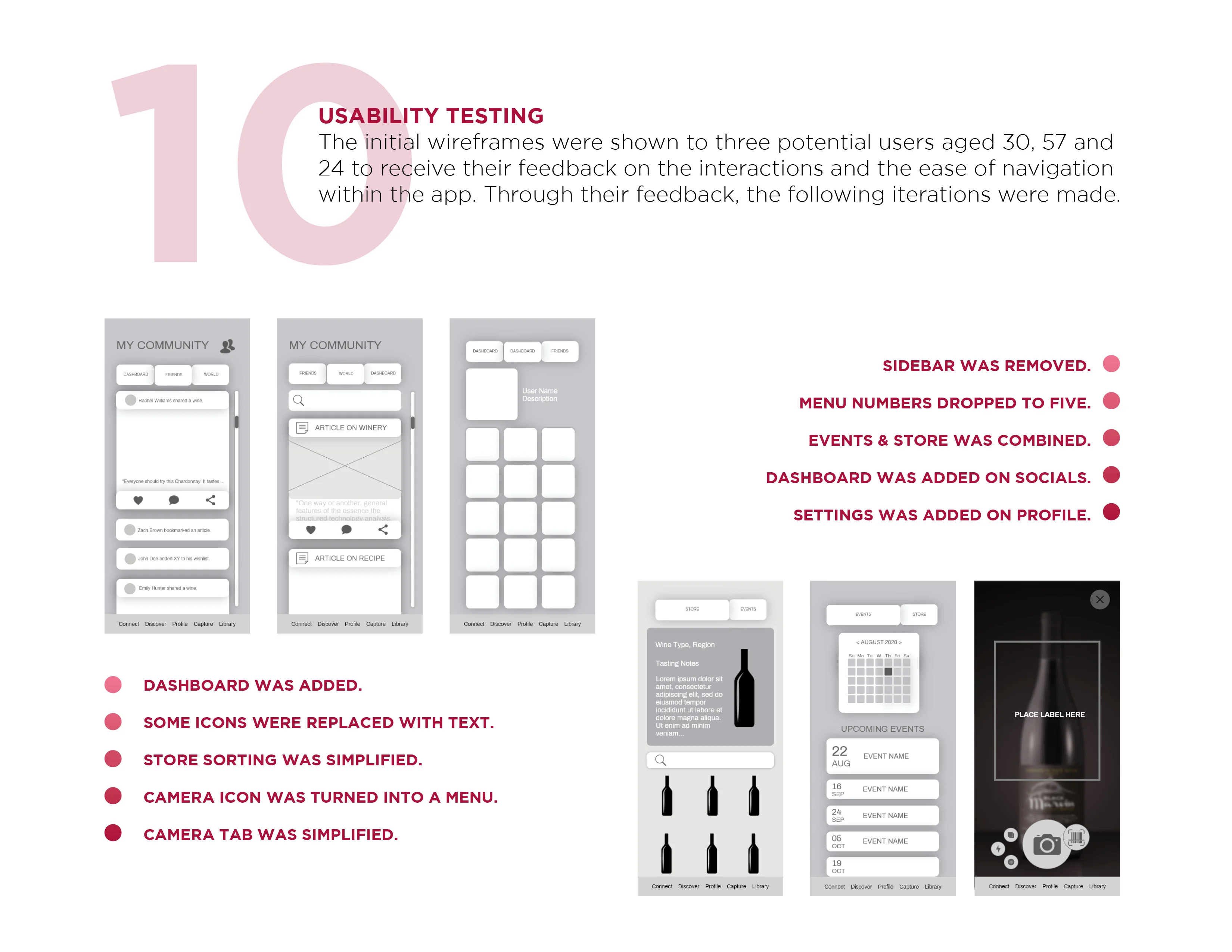 Mobile app wireframe and usability testing summary with six wireframe screens and list of design changes.