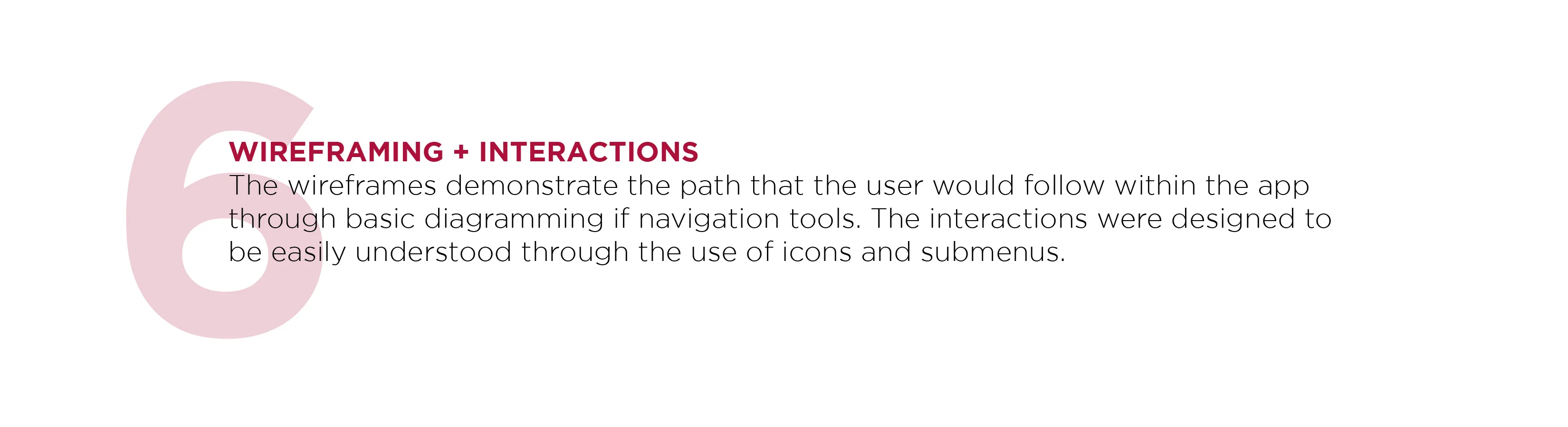 Large pink 6 with WIREFRAMING + INTERACTIONS text and descriptive paragraph.